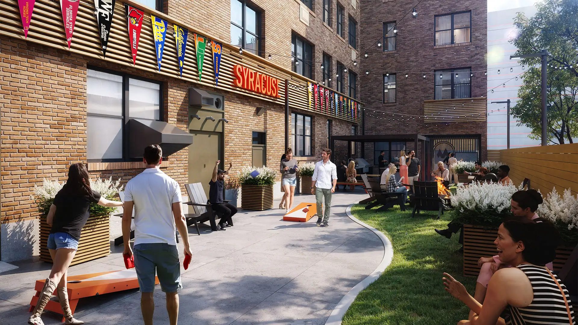 people playing cornhole at apartments in syracuse